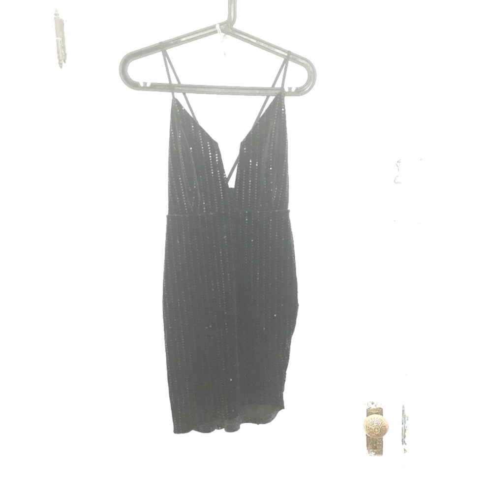 Black sequin velvet v-neck mini dress